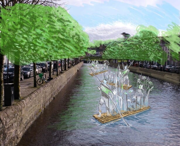 A sketch of a raft with ghostly people, which sits on a river